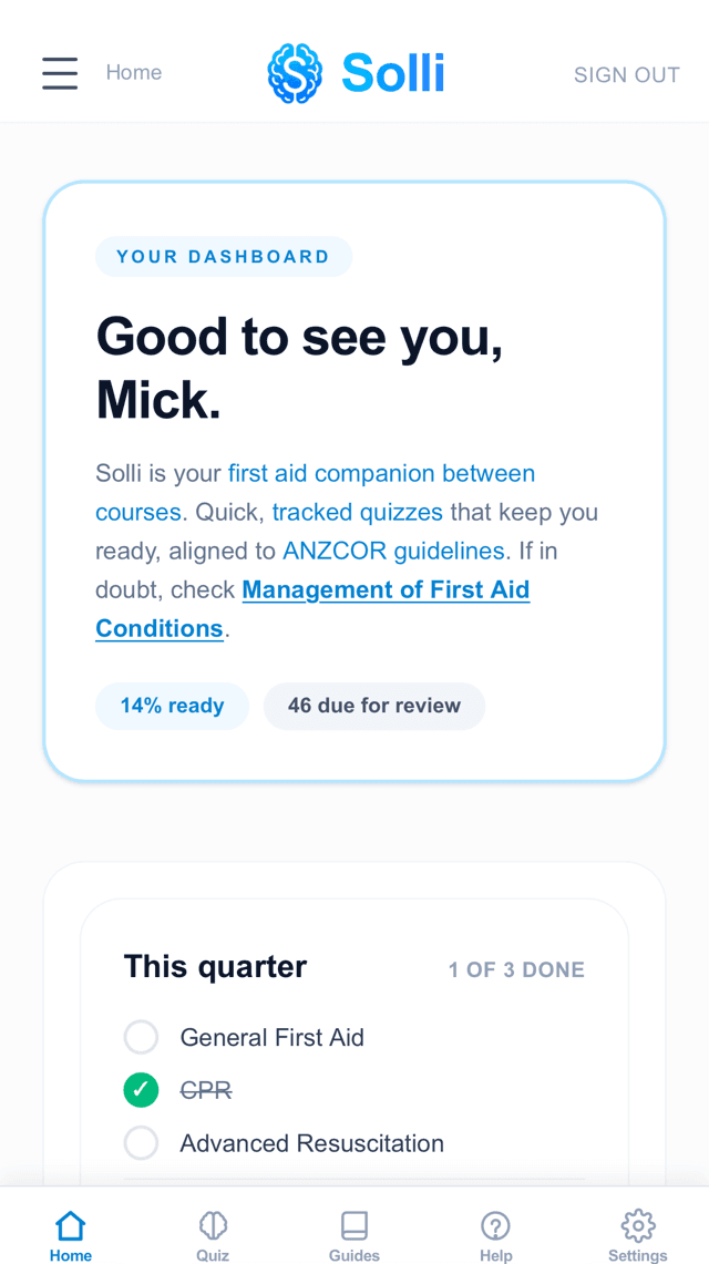 Solli dashboard showing readiness and quarterly quizzes