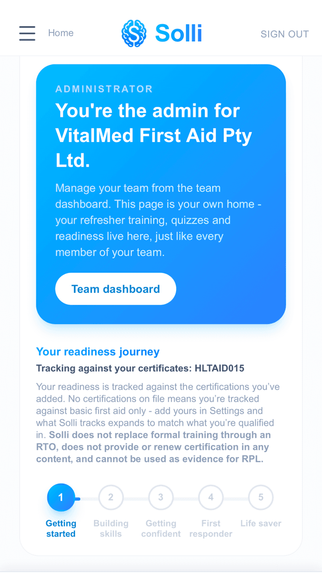 Solli organisation admin view showing team readiness